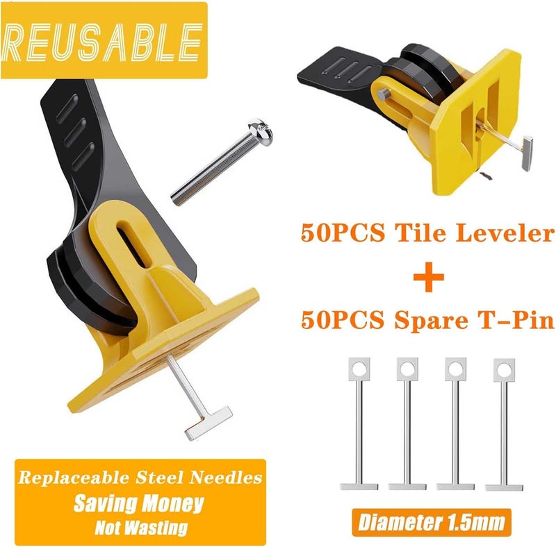 FACITE Tile Leveling System Kit 1/8 Tile Spacers Reusable 50pcs Leveler Tile Tools for Installation+50pcs Replaceable Spare Steel T-Pin Upgraded Adjustable Fit 8-12mm Tile Floor Leveling Compounds Set - Image 2